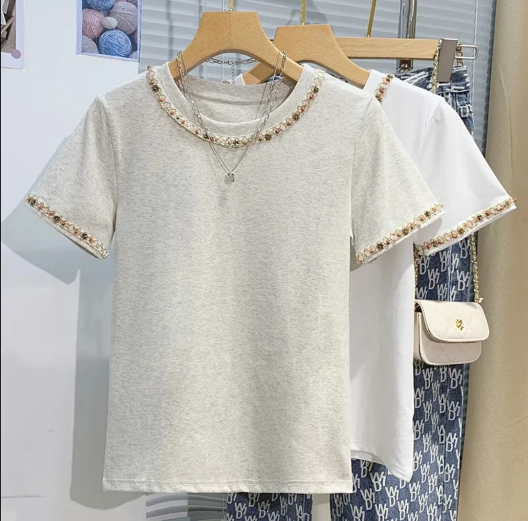 2025夏季新款短袖手工钉珠设计T恤女圆领上衣