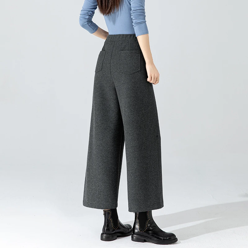 灰色醋酸羊毛九分毛呢阔腿裤女冬季爆款2025新款加厚八分宽腿女裤