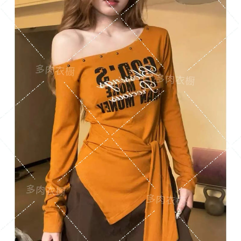 大码胖MM新款气质露肩性感印花绑带长袖上衣女时尚百搭修身