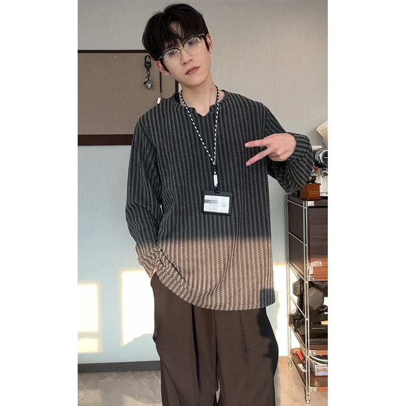 小香风v领卫衣男款秋季黑白拼色条纹打底衫松弛感宽松长袖T恤上衣