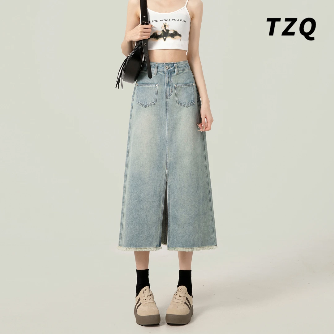 高腰牛仔半身裙女2025秋季新款显瘦百搭中长款a字包臀裙TZQ041802