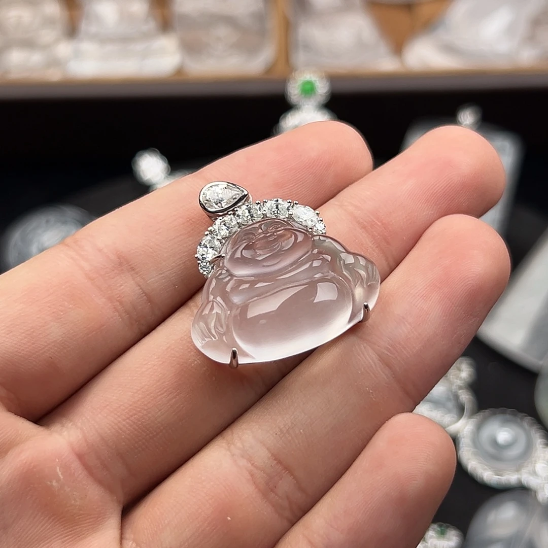 石英质玉银S925镀金镶嵌颈饰莫桑佛公