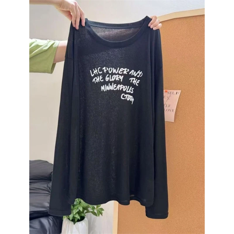 【ZHAP】新款早秋款防晒罩衫长袖t恤上衣女藏青色韩版百搭简约厚实