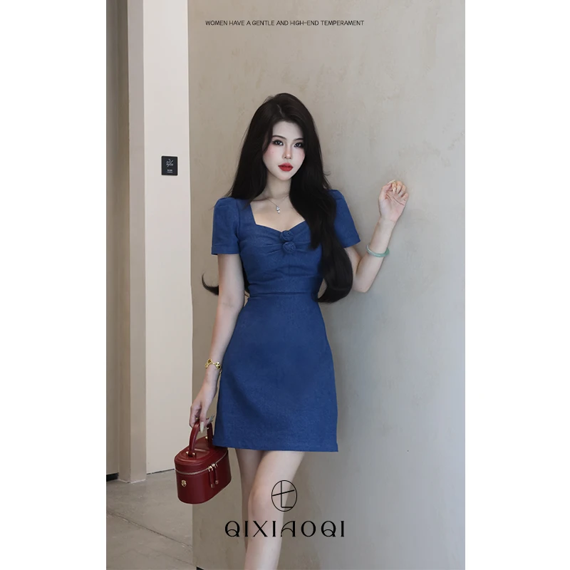 七小七Sicily【 莫兰蒂佳人】法式复古蓝色立体花朵设计感短款夏季