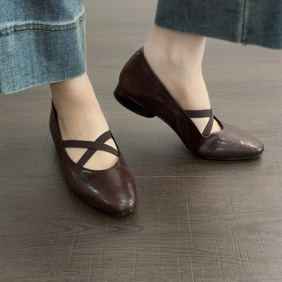 2cm/ED2465羊皮浅口单鞋女圆头低跟法式玛丽珍鞋复古软底中跟芭蕾