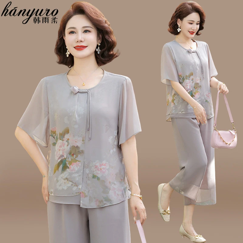 小个子妈妈夏装洋气雪纺小衫套装中老年女夏季短袖上衣国风两件套