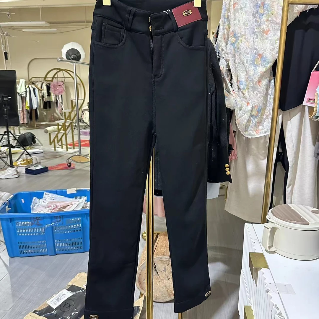 冬季加绒加厚显瘦保暖小黑裤女2025新款高腰弹力休闲裤-23025