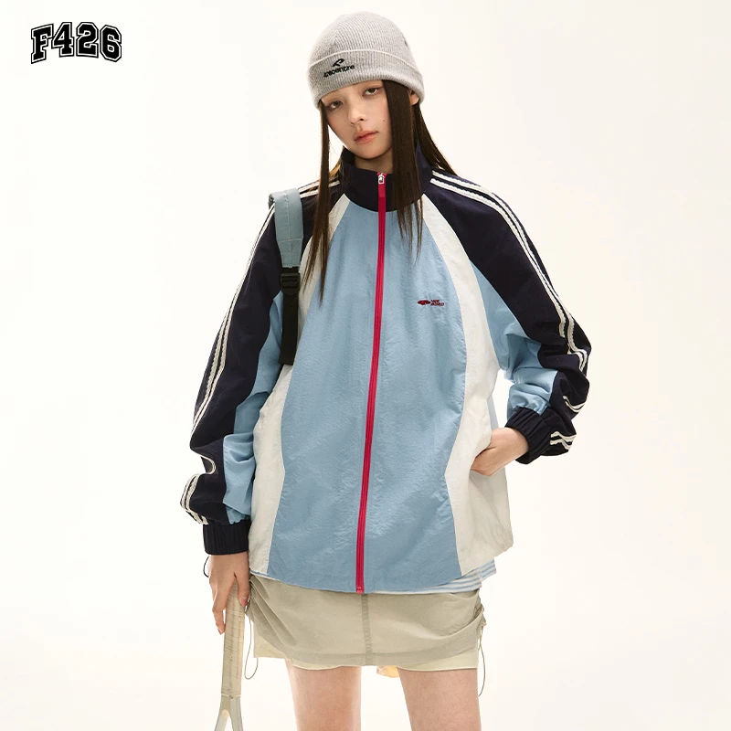 F426潮牌春季新款情侣美式宽松休闲立领春款撞色运动薄款外套6534