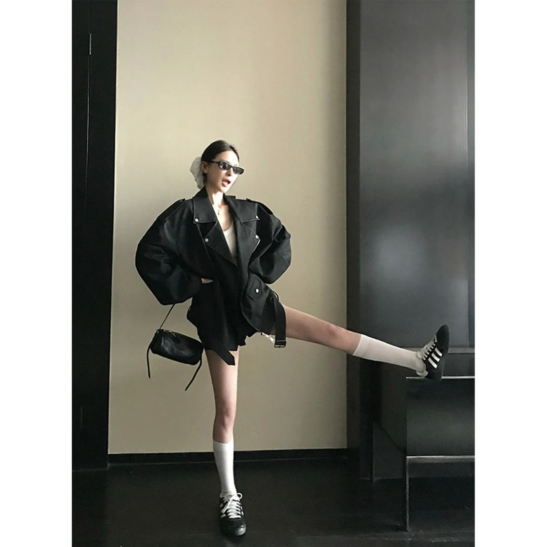 SKKSkk Store 谍影风云 设计感翻领高级感廓形机车夹克皮衣外套女