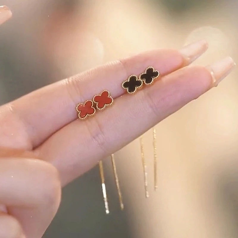 铜合金耳饰 幸运四叶草流苏耳线高级轻奢小众设计感简约百搭耳饰