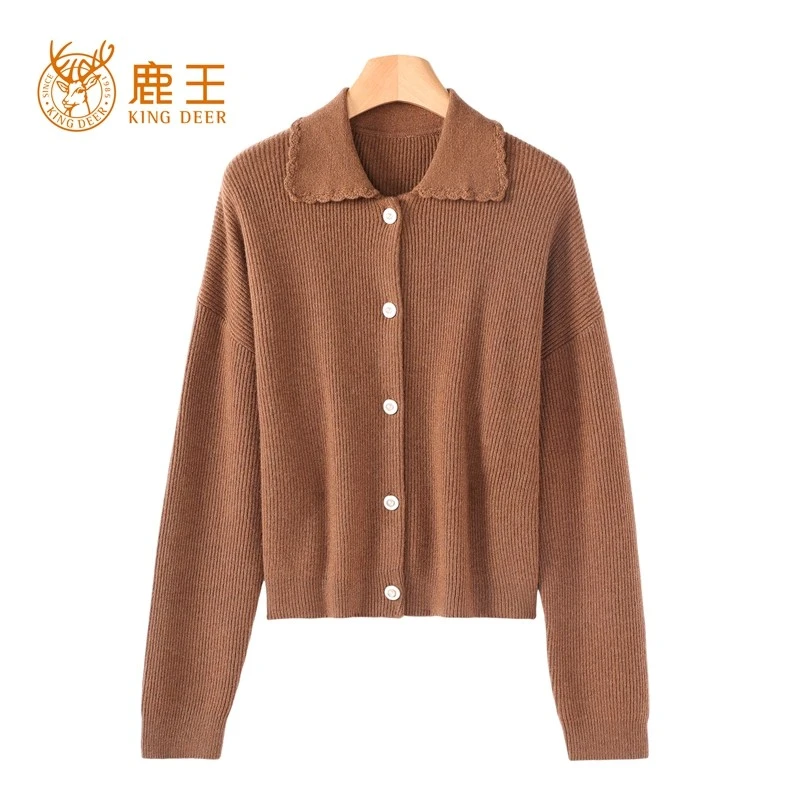 编码4M526鹿王24秋冬新款女娃娃领100山羊绒时尚休闲抽条开衫加厚