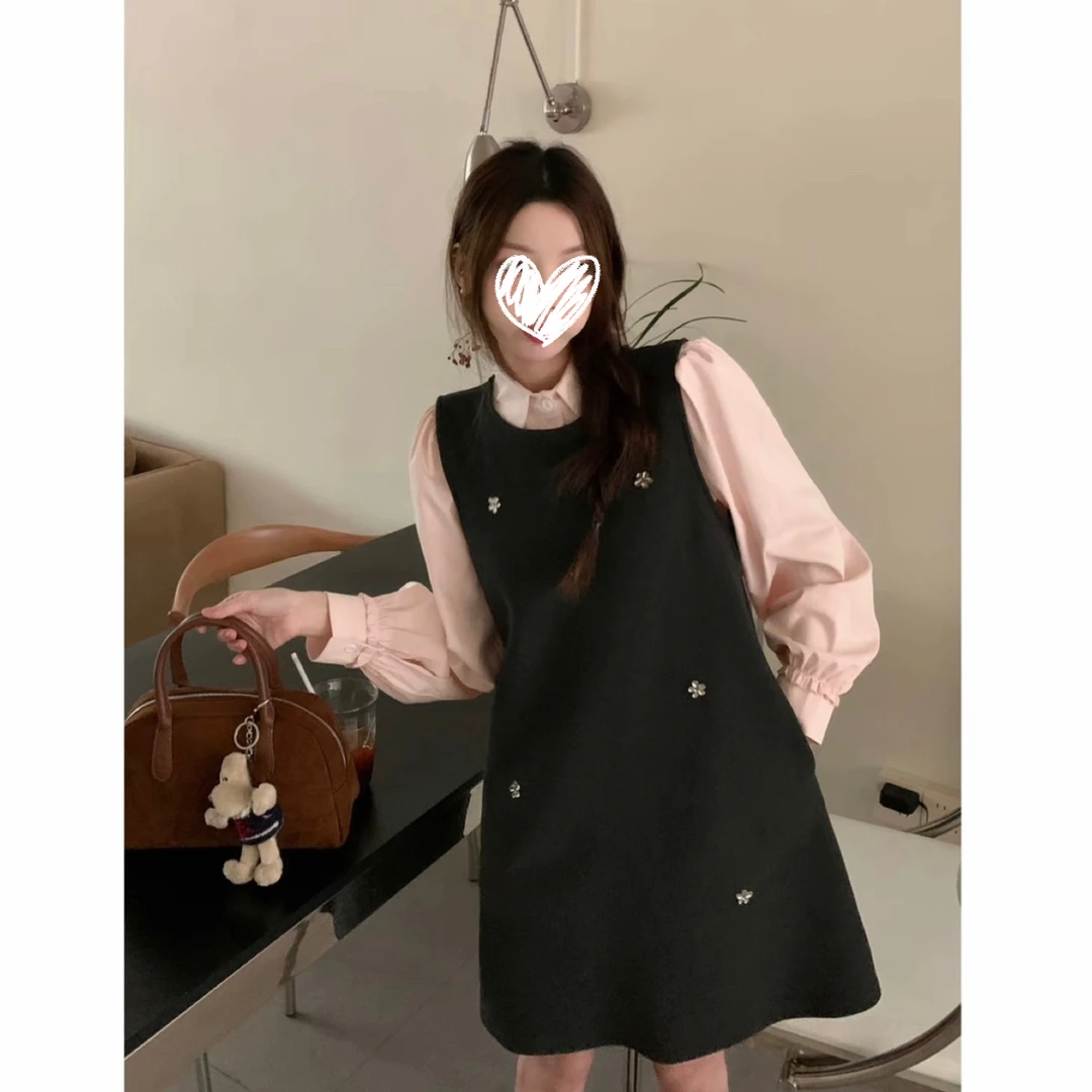 【耶鲁甜心】法式重工花朵装饰无袖连衣裙+韩系娃娃领衬衫套装