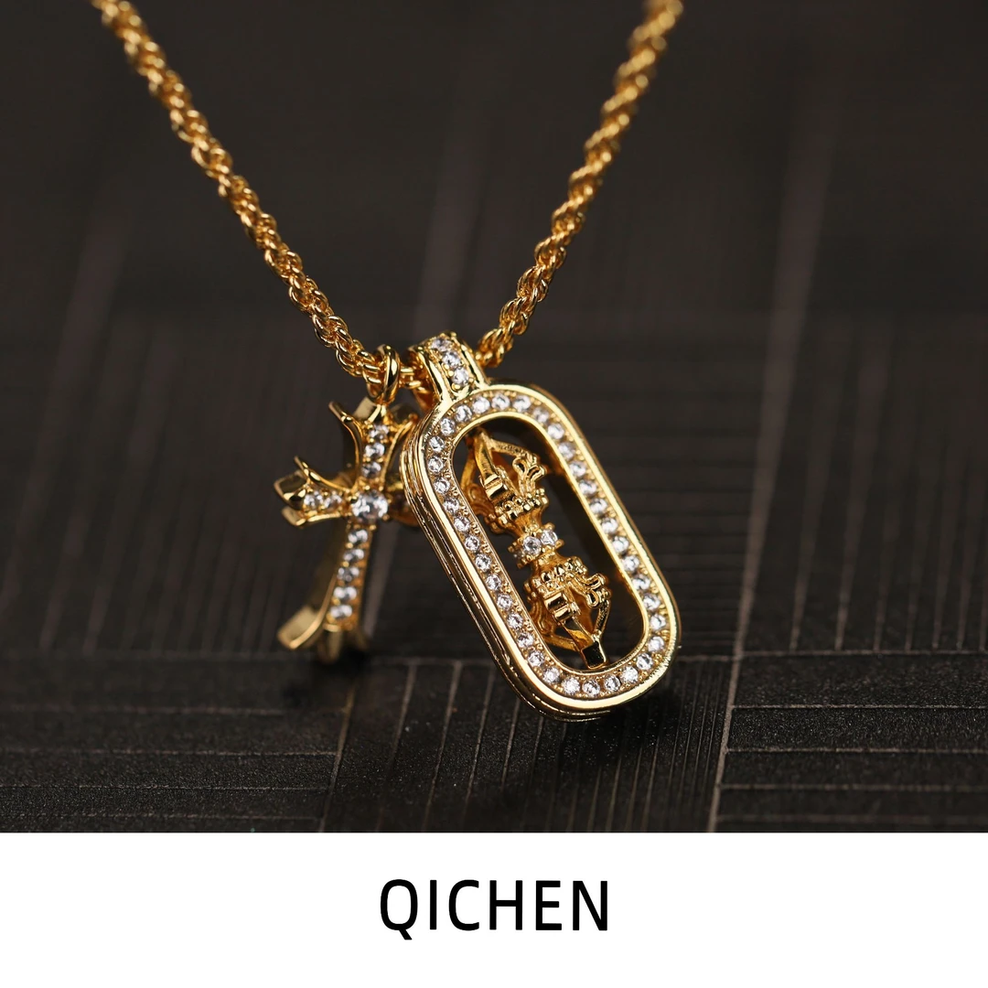 铜合金锆石项链 精致颈链时尚轻奢镶嵌手工十字架金色坠链复古