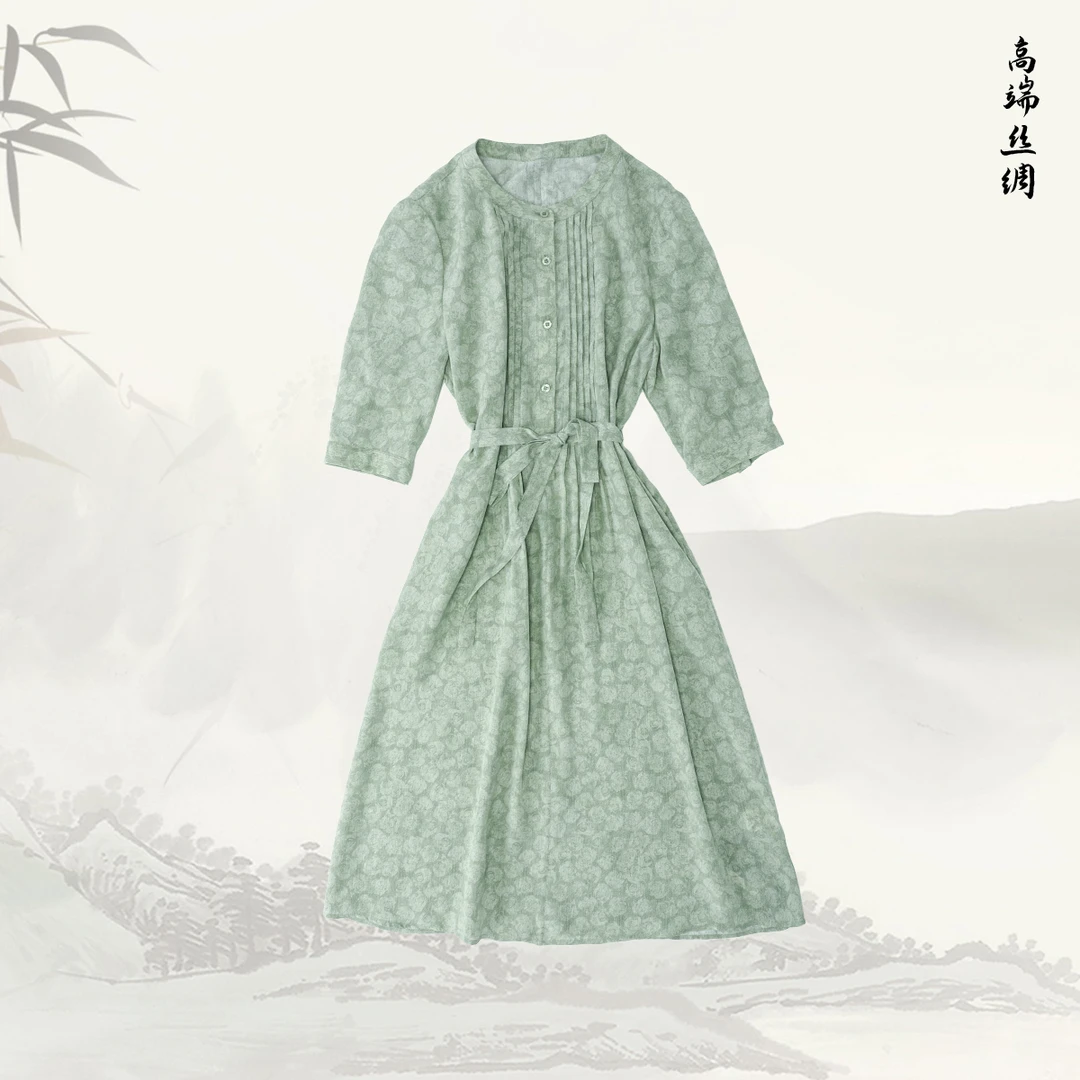 【清影】品牌新款桑蚕丝优雅气质宽松显瘦中长款连衣裙516138