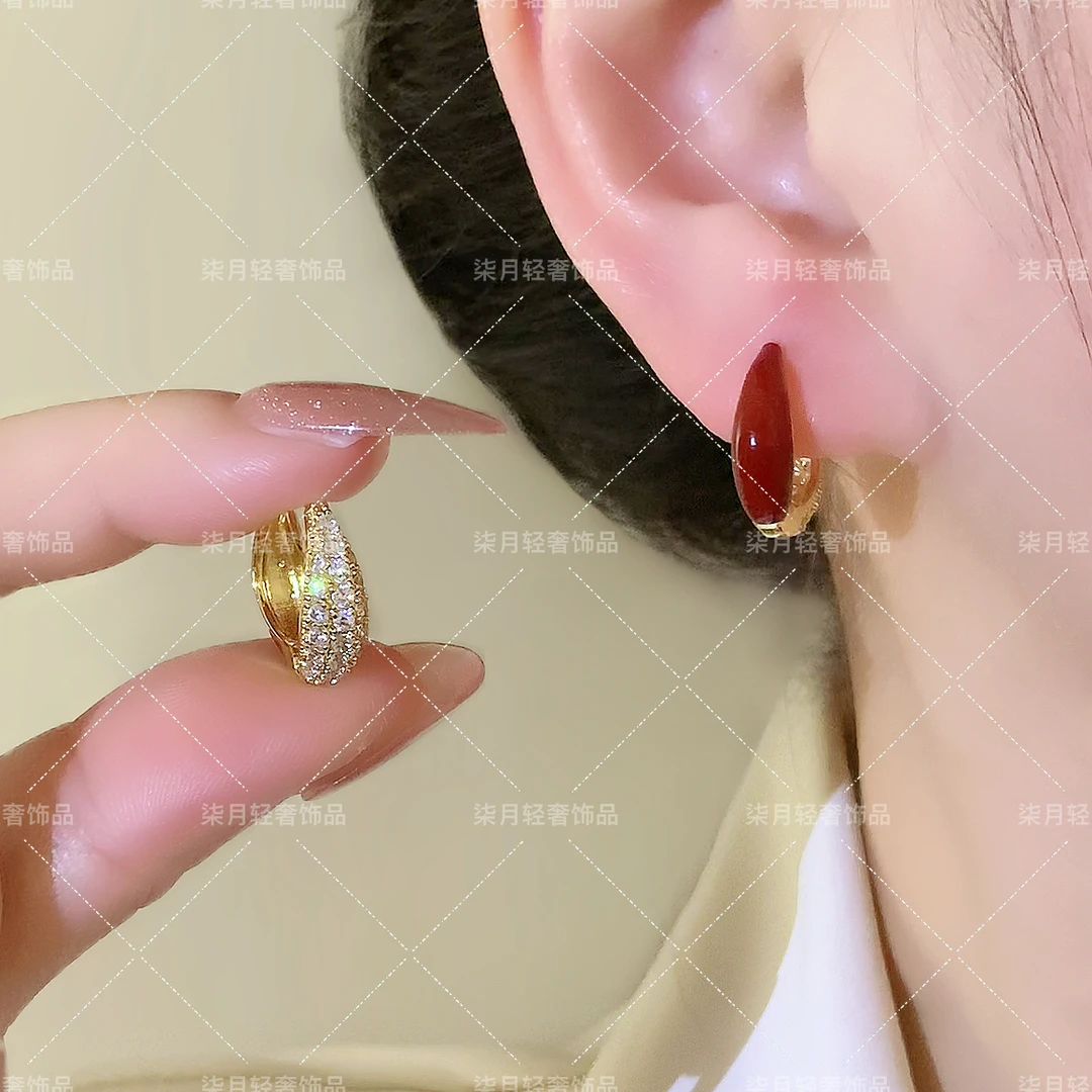 铜合金合成锆石耳饰 日韩简约微镶双面戴滴油复古红色耳扣1258