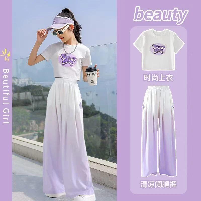 女童夏季裤子2025新款大童薄款夏装防蚊裤儿童国风套装冰丝阔腿裤