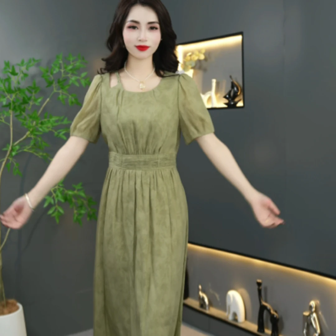 427671暗花连衣裙时尚绿色宽松中长款小众设计感法式夏季复古方领