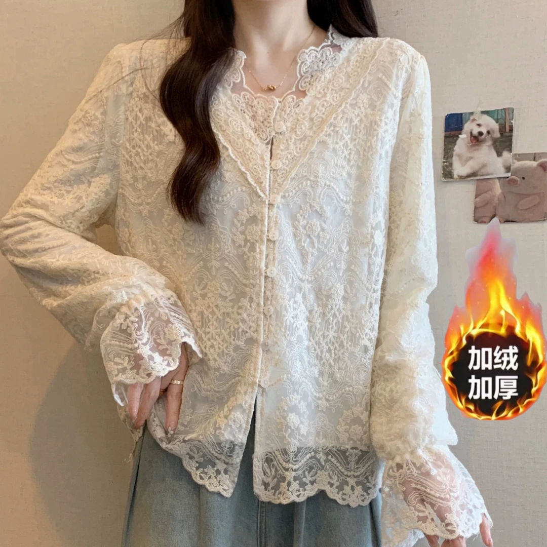 法式高级刺绣加绒蕾丝打底衫女V领开衫气质洋气百搭镂空网纱上衣