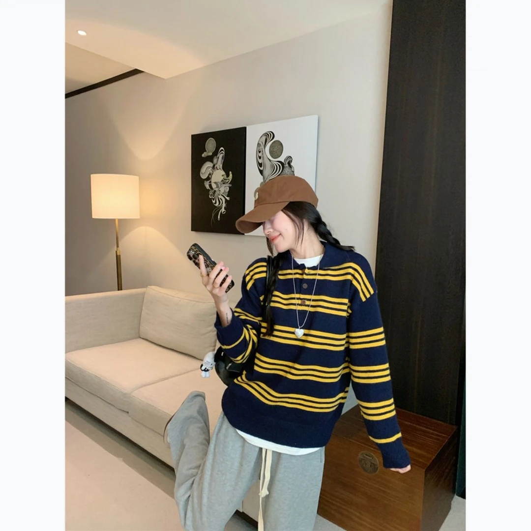 复古美式翻领条纹长袖衫2025秋季新款宽松减龄外穿打底毛衣女