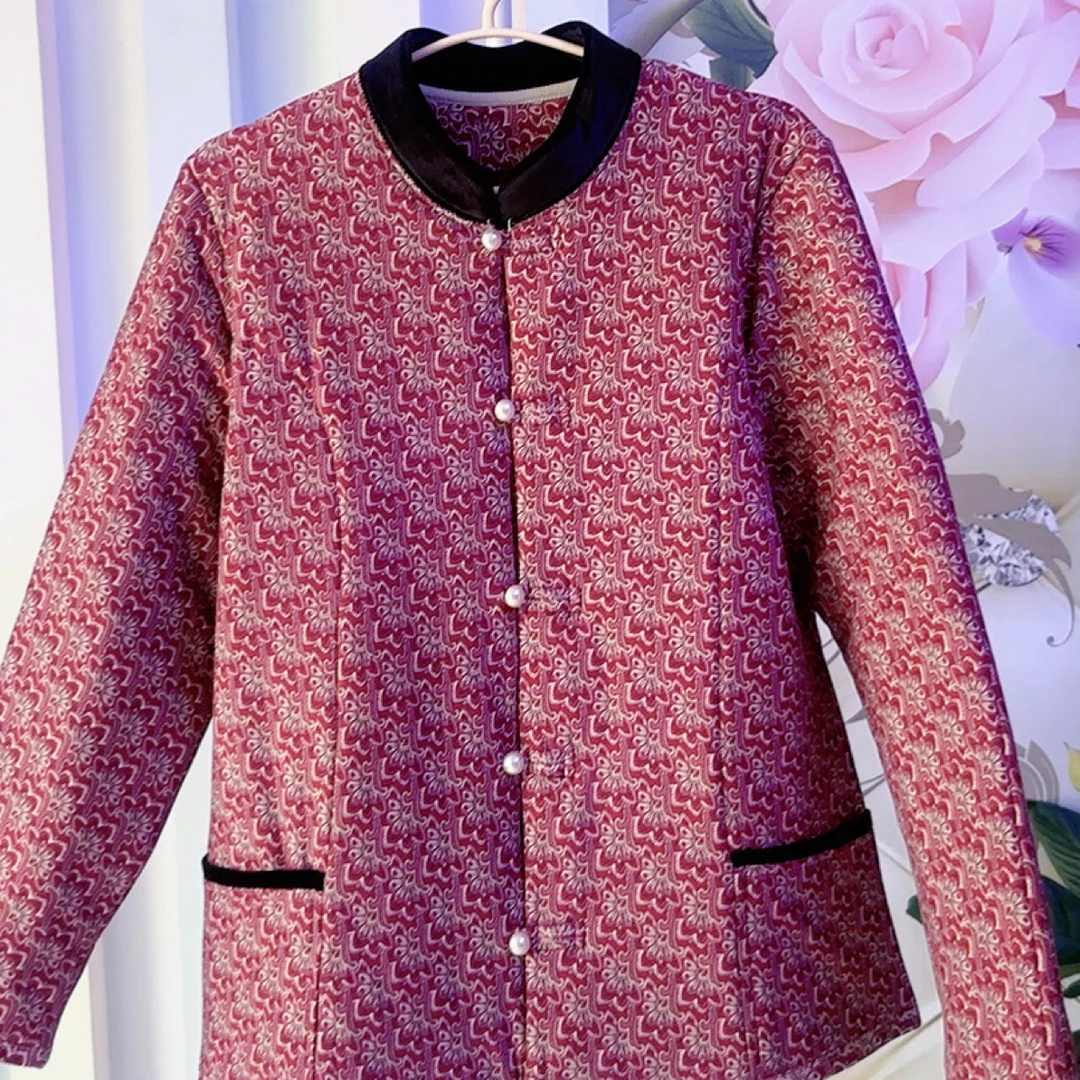 中老年妈妈装加绒保暖棉衣小碎花棉袄女士冬季外套