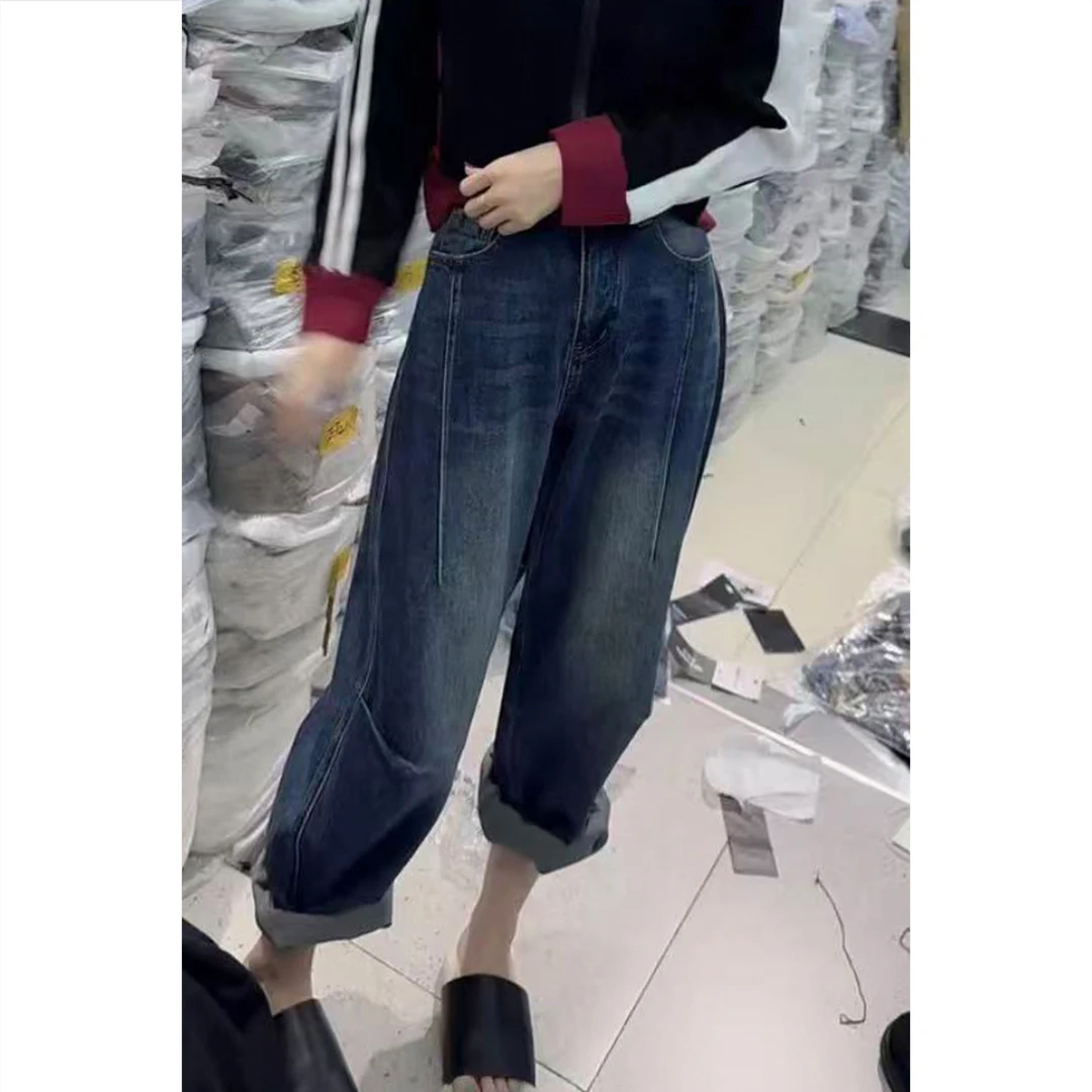 艾塔莉早秋七分裤原宿风牛仔裤秋季磨白高腰卷边百搭修身阔腿裤女