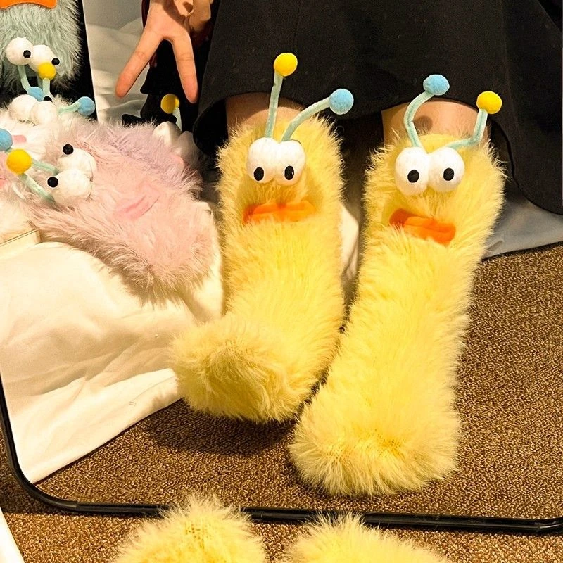 丑萌搞怪毛绒袜子秋冬季女中筒秋冬中筒居家地板睡眠可爱保暖T