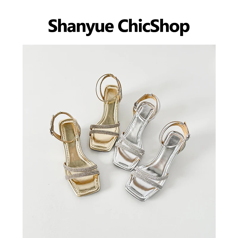 6.5cm坡跟仙女风设计感细带水钻露趾凉鞋