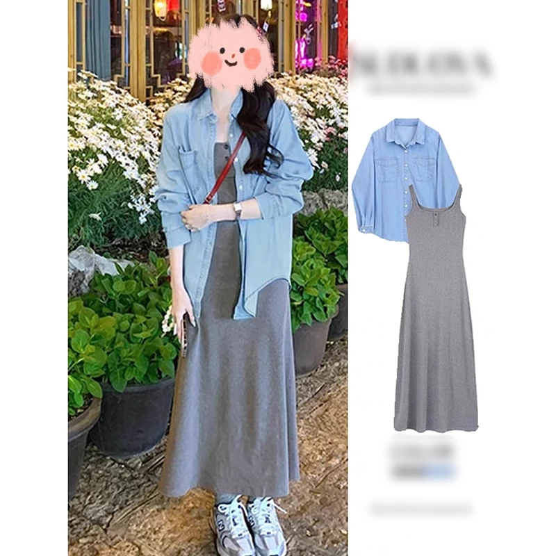 大码春夏季衬衫外套灰色连衣裙两件套套装9283#