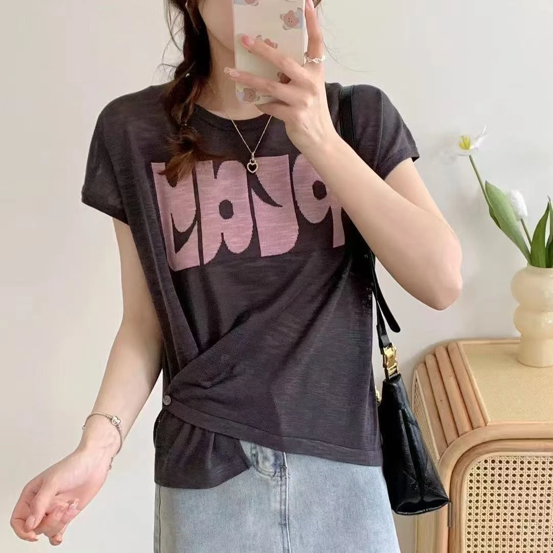 2025新款字母爆款减龄欧货时髦上档次薄款不规则短袖上衣051