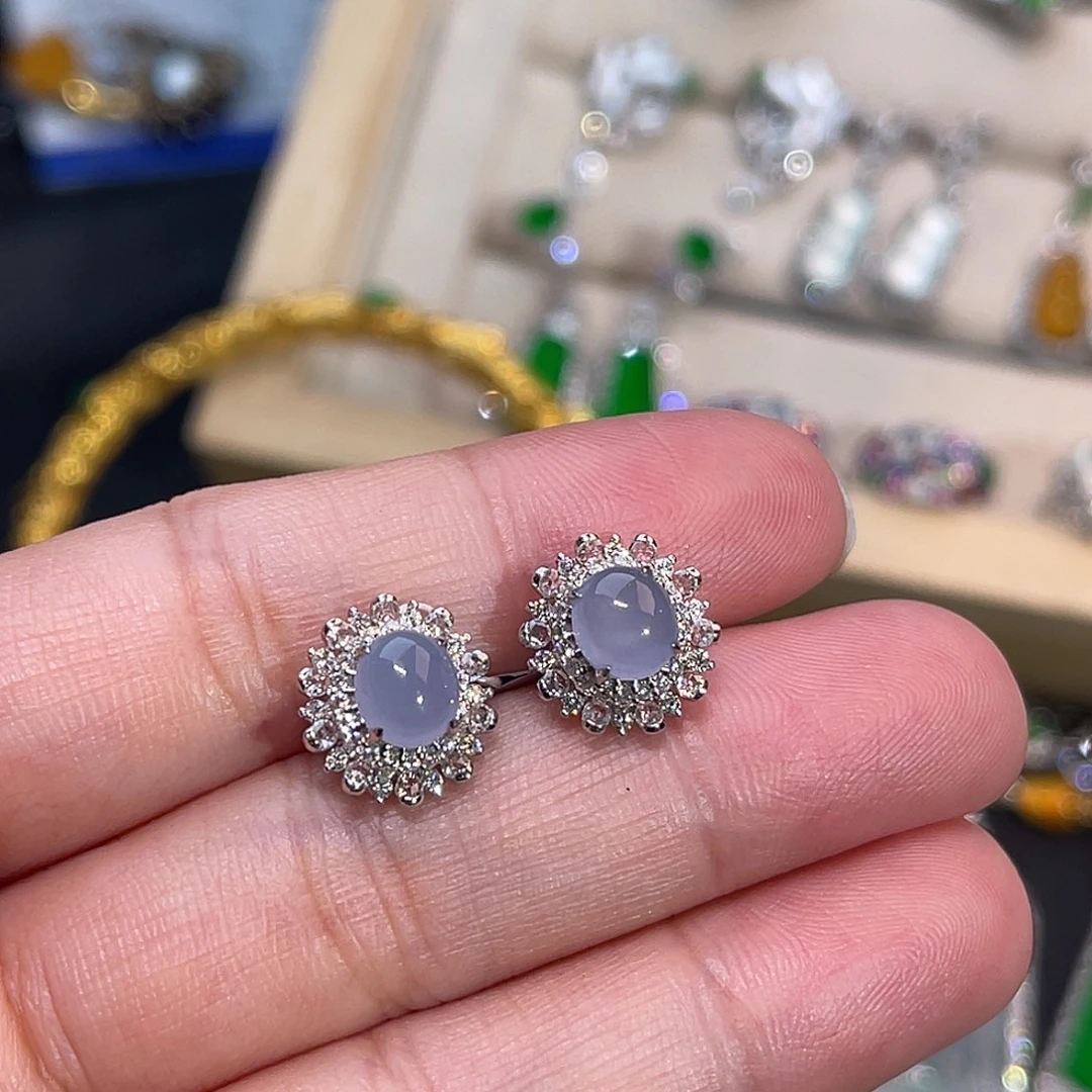 翡翠18K金镶嵌耳饰紫罗兰蛋面