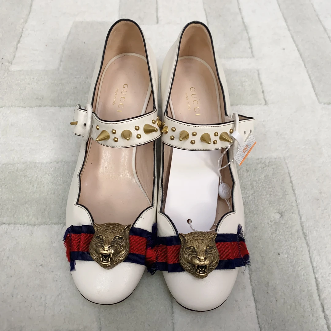 95新 GUCCI/古驰 麦殿/漆皮虎头高跟鞋35码白色/240905VRS8L06