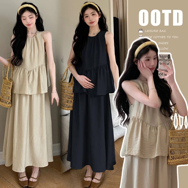 时尚孕妇装2025新品慵懒风套装韩版时尚宽松显瘦无袖背心+半身裙