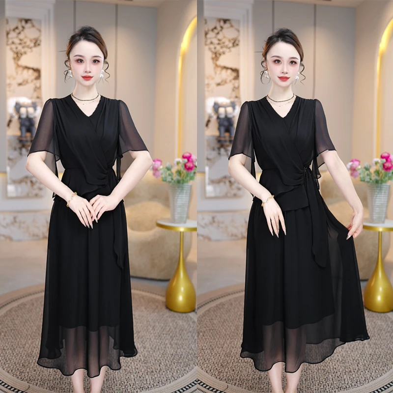 [黛色苍穹]2025年夏季新款时尚减龄轻奢洋气收腰显瘦黑色连衣裙