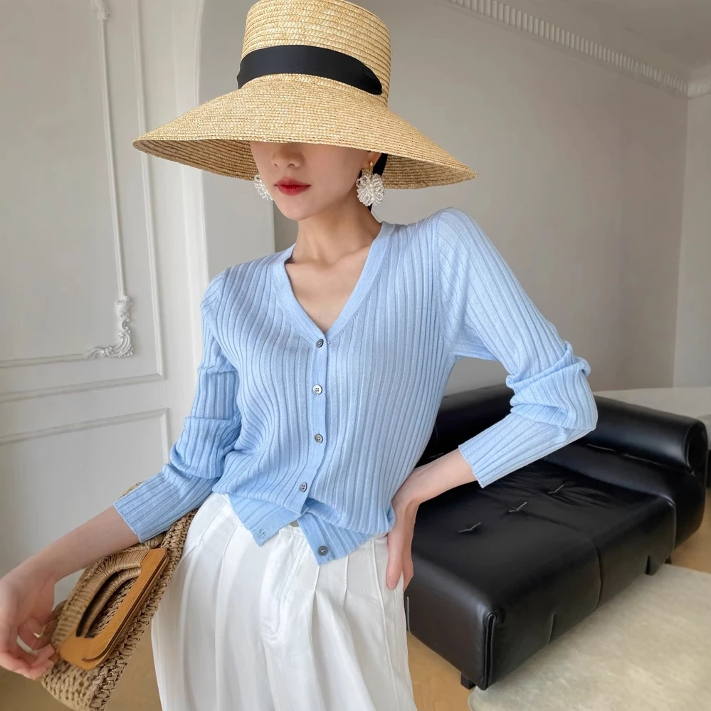 春夏显瘦坑条薄款V领长袖针织开衫女【娜家衣柜】气质洋气短款百搭