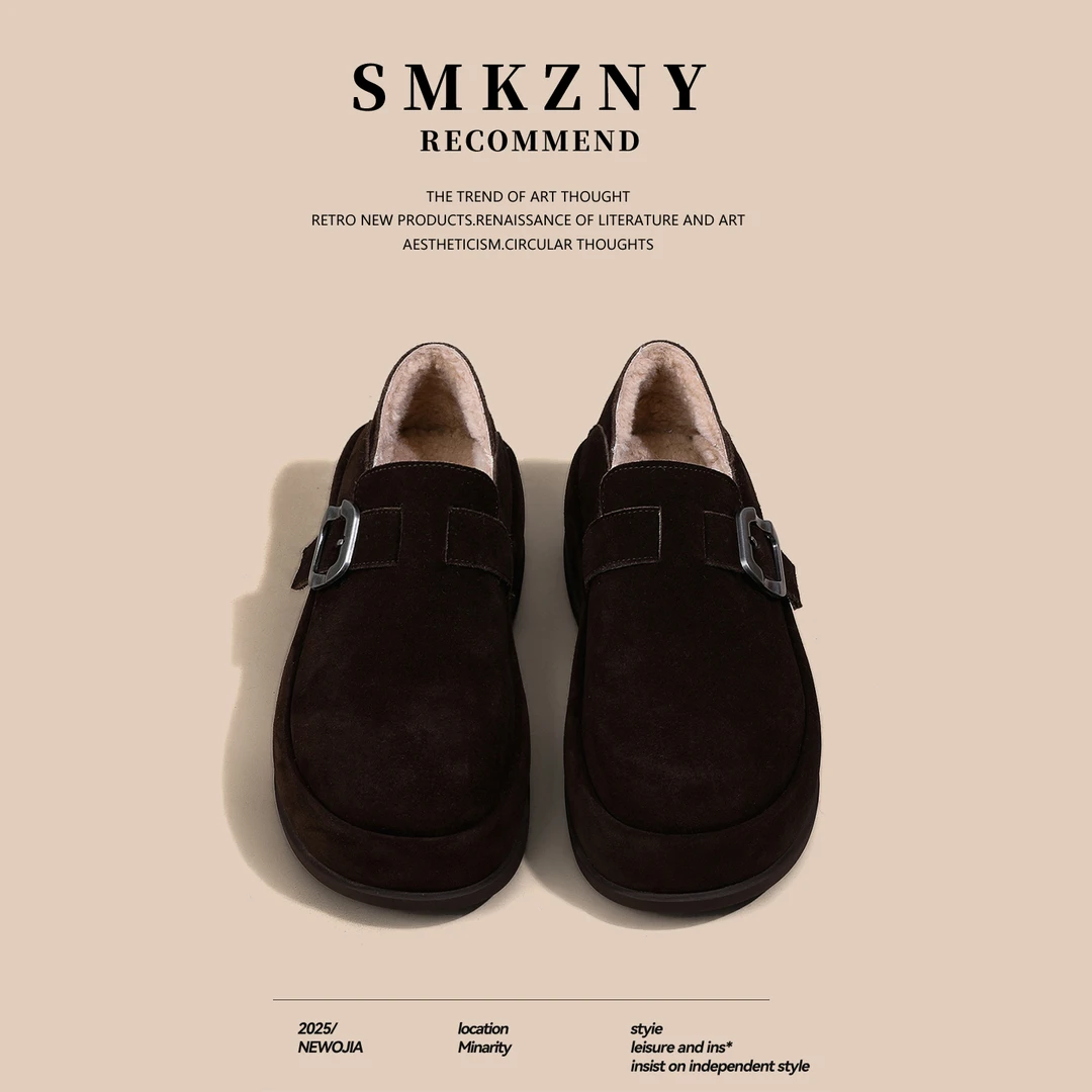 欧洲站2025冬季新款厚底加绒勃肯鞋女百搭真皮休闲保暖棉鞋ins潮