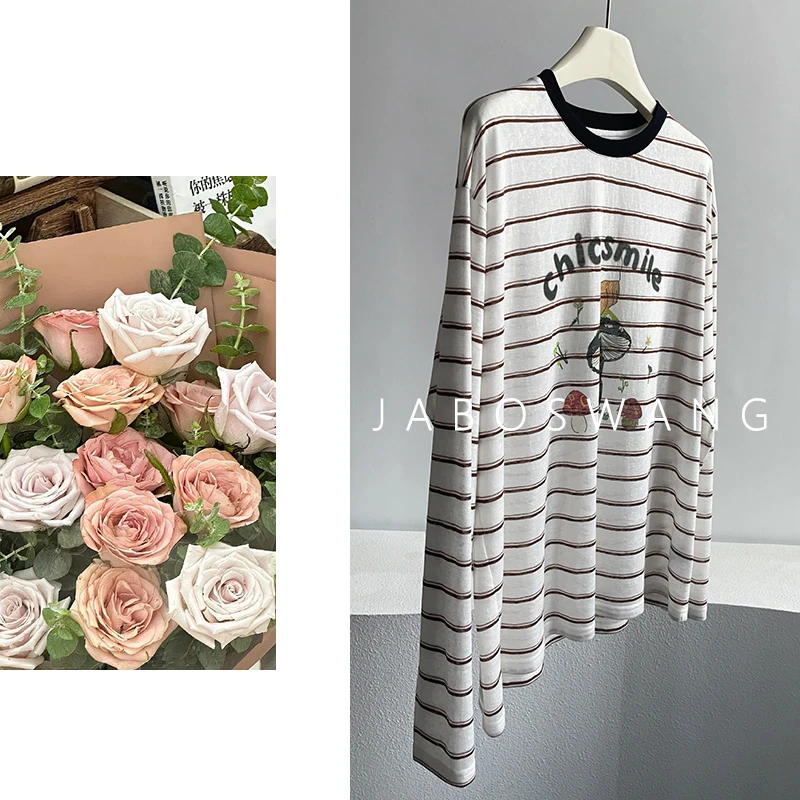 S1207条纹蘑菇T恤衫2025夏季新款时尚百搭圆领印花拼接度假风