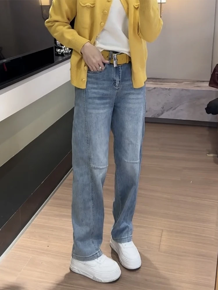2025春季新款弯刀牛仔裤女大码显瘦直筒裤微胖小个子遮肉弹力长裤