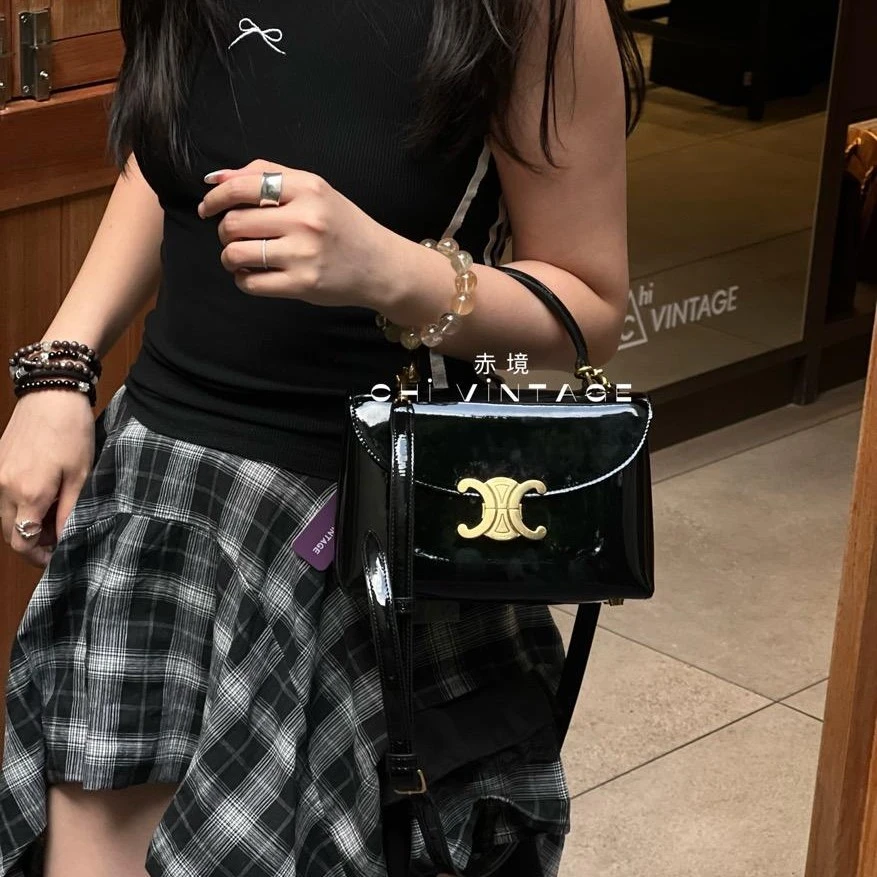 99新 Celine/思琳 0447 黑金漆皮手提包