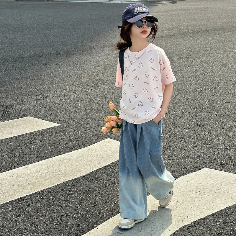 女童夏装短袖套装2025新款儿童韩版T恤牛仔裤中大童薄款两件套潮t