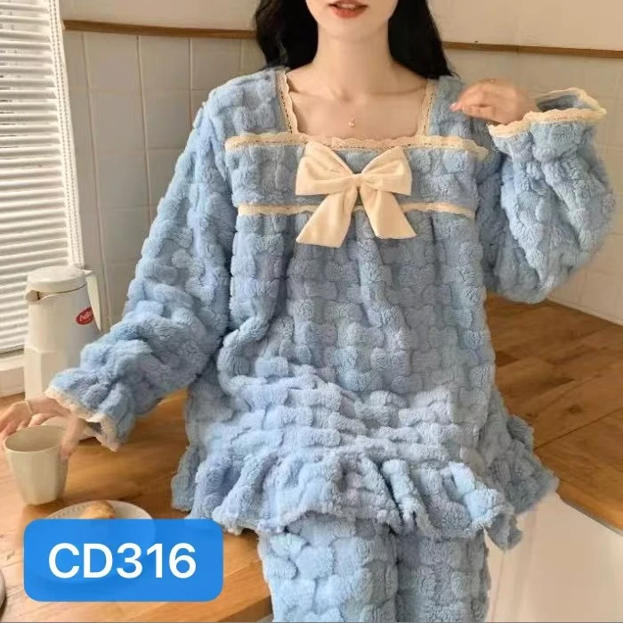 CD316绒款蓝色蕾丝边套头家居服长袖长裤套装