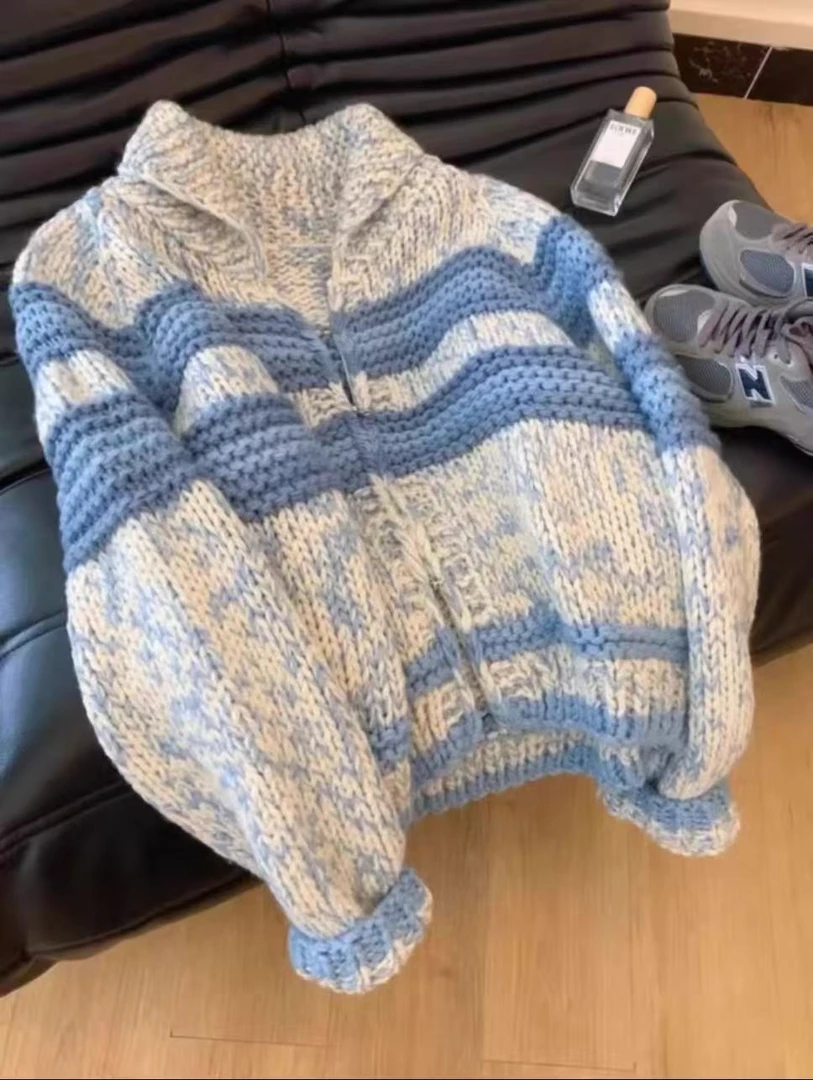 NICE圈圈/东大门秋冬撞色条纹复古翻领毛衣开衫A1003