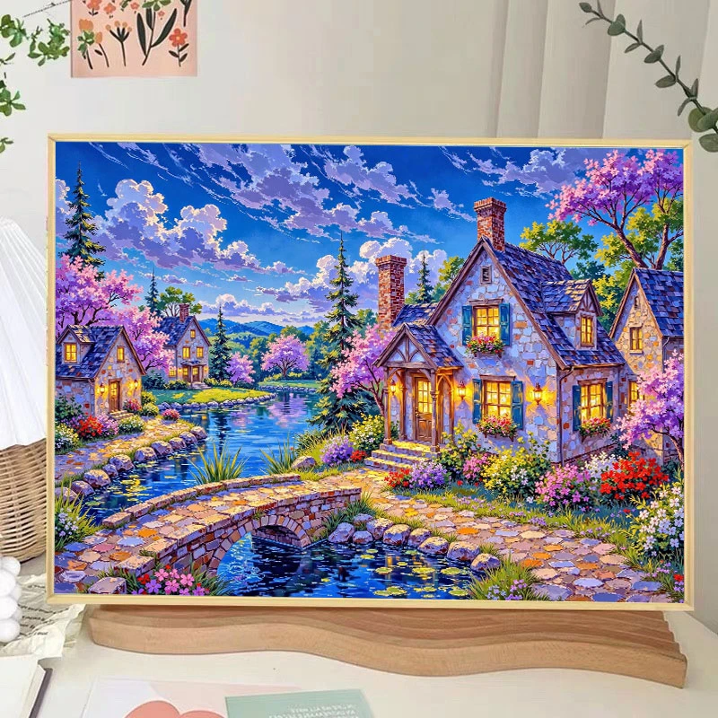 【新疆长绒棉】美林定制：夜色小镇 大格四股线80×65cm（51色）