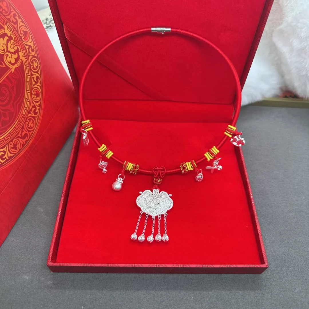 吊坠足银 足银999天子门生宝宝项链手工编织富贵百搭满月百天周岁