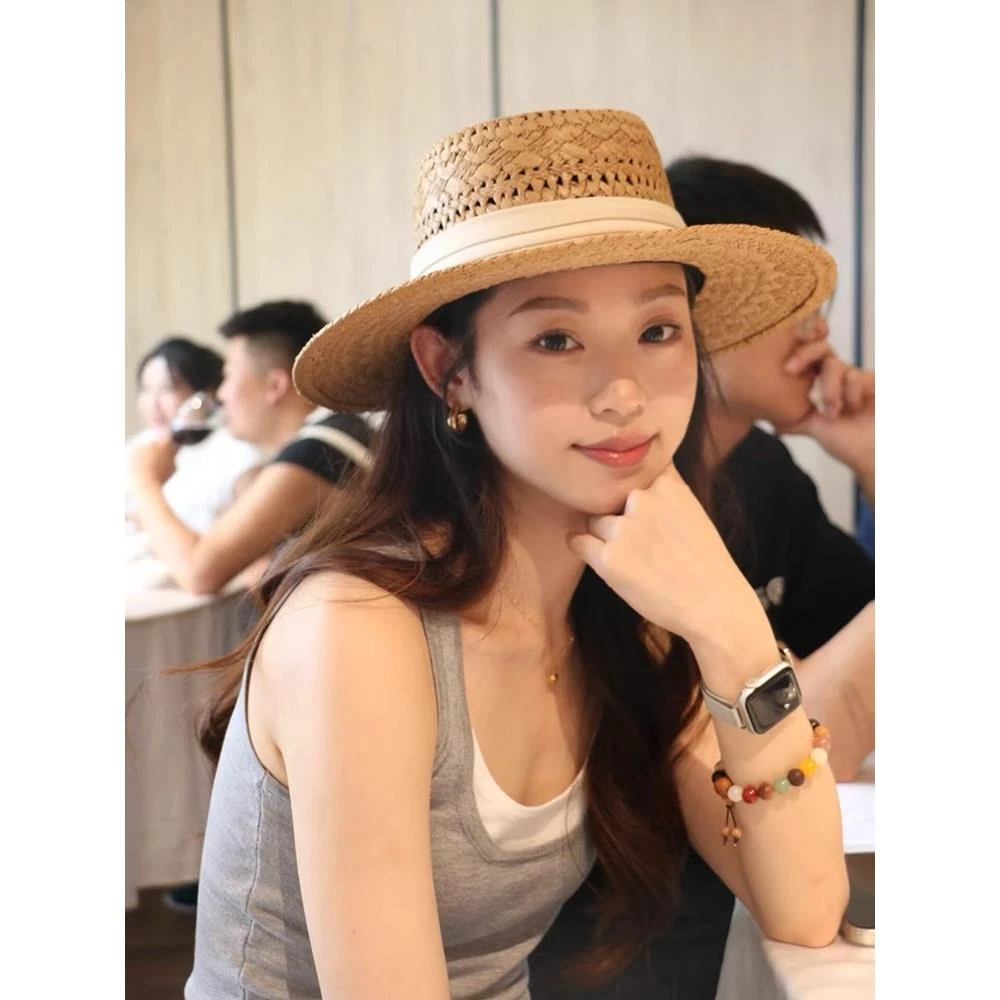 法式老钱风镂空草帽女夏出游海边沙滩礼帽遮阳帽平顶太阳帽子