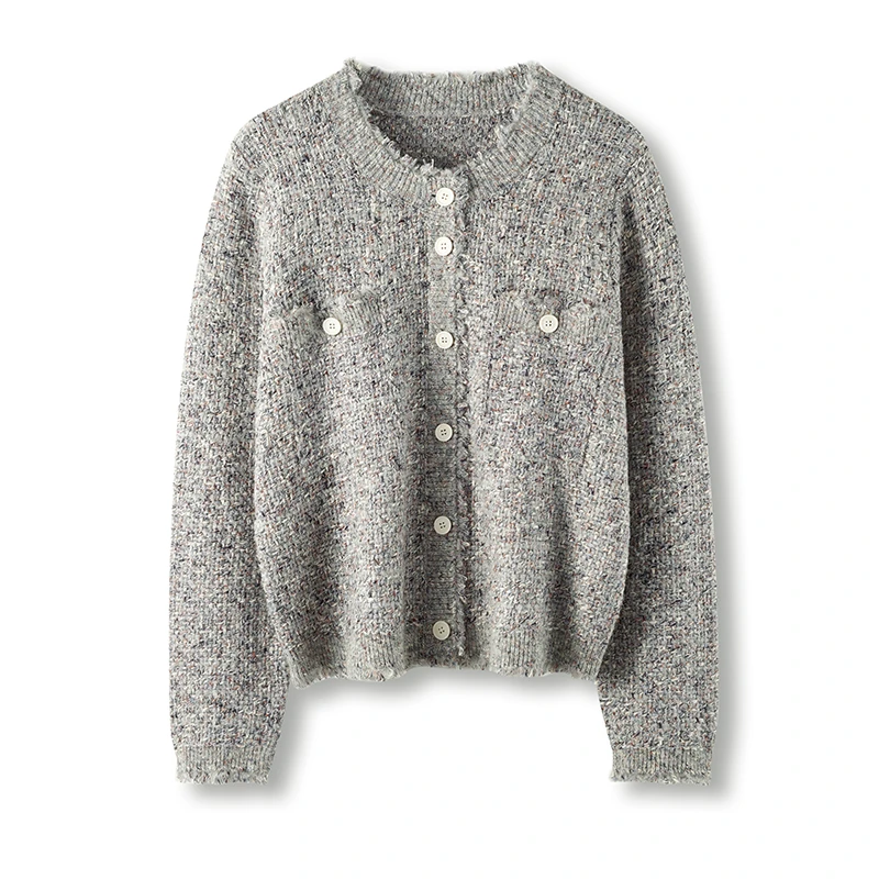 女士圆领系扣小香风开衫外套春款时尚百搭简约针织法式