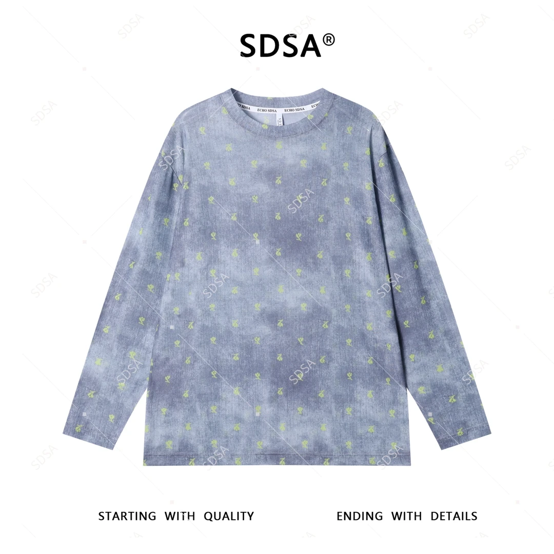 SDSA秋季新款男士痞帅设计师扎染撞色满印印花圆领长袖T恤百搭