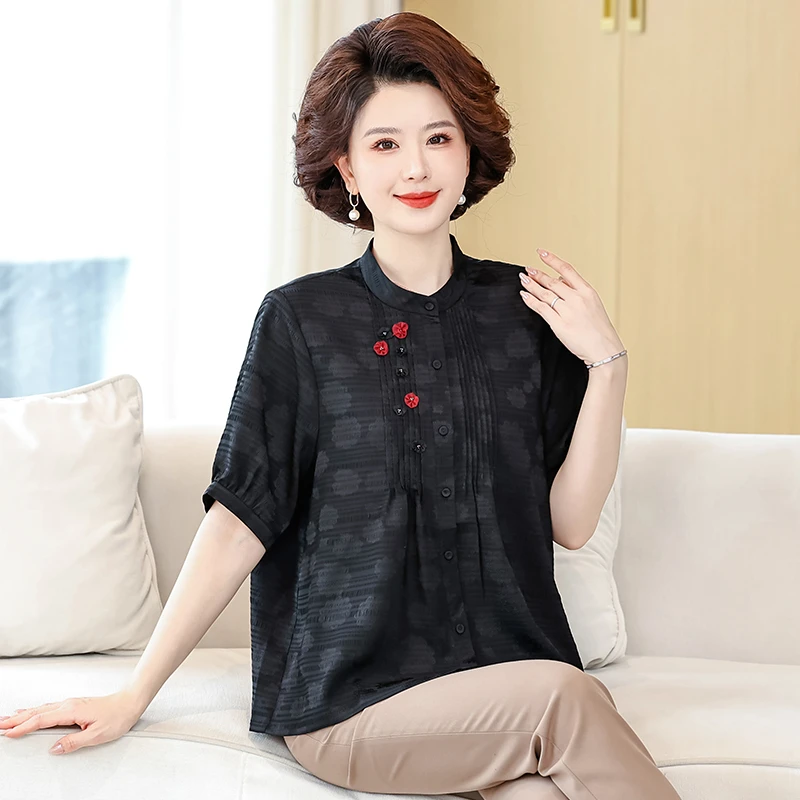 2025新款夏季绣花妈妈装时尚短袖衬衫中老年女装宽松气质上衣2517
