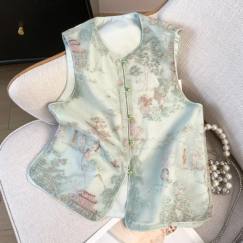 新款新中式复古小圆领盘扣国潮中国风重工刺绣上衣马甲开衫女外套