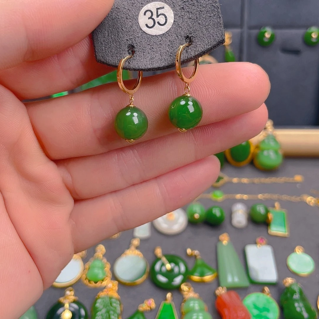 和田玉（碧玉）18K金镶嵌耳饰35