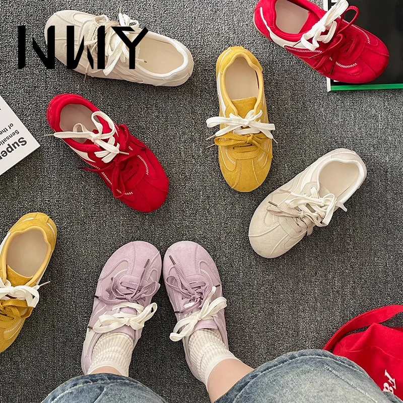 复古红色圆头内增高平底阿甘德训鞋女夏2025新款百搭软底休闲板鞋